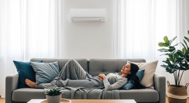 Woman Relaxing on Sofa Under Air Conditioner in Modern Living Room.