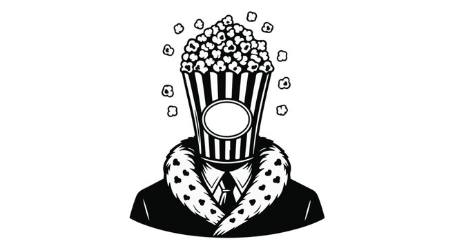 Popcorn head character wearing a formal suit and a luxurious fur collar represents the entertainment industry, cinema culture, and the whimsical nature of movie theater snacks in a stylized way.