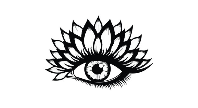 Eye illustration features elegant flower petals blooming from the eyelid lashes to symbolize a connection between natural beauty and the human ability to perceive the world with artistic insight.