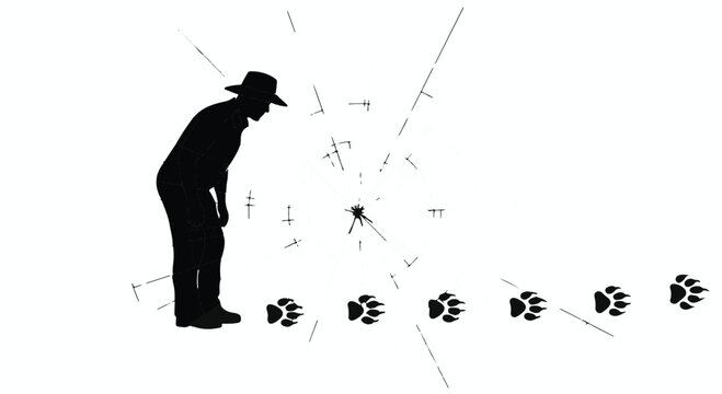 Explorer wearing a hat tracks mysterious animal paw prints across a desolate landscape while investigating the sudden mysterious shattering of light originating from a small central point source.