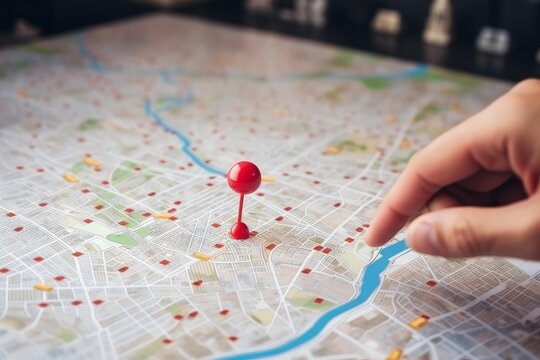 Hand pointing to a destination on a city map with a red location pin marking a spot