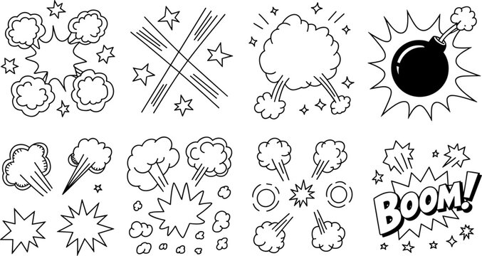 Comic Book Explosion and Boom Effect Collection with Cloud Burst Star Bomb and Impact Doodle Outline Vector Set