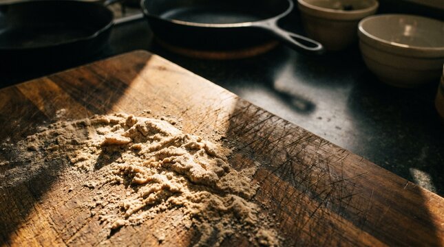 Raw organic wheat flour scattered across a rustic scored wooden cutting board in a dark kitchen, illuminated by bright sunlight for baking preparation
