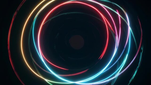 Multiple thin neon lines orbiting a central circle
