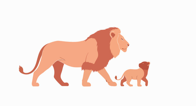 Illustration of a lion and lion cub walking side by side in a flat, two-dimensional style against a clean white background.