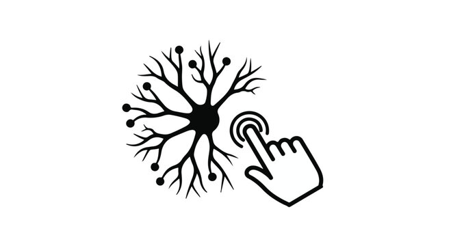 Hand icon interacting with a complex neural network diagram symbolizes the bridge between human intelligence and digital technology in the modern era of rapid data processing and connectivity.