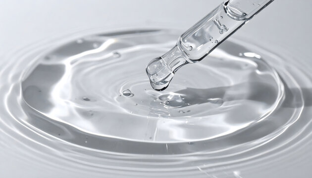 Deep Hydration Macro: Macro cinematography of clear thick serum droplet falling onto smooth glass surface creating relaxing ripple effect for skincare