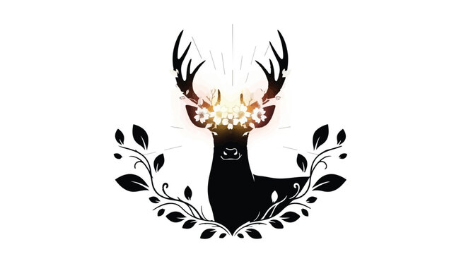 Deer head adorned with floral antlers represents a magical and serene connection to nature, featuring elegant leaves and blooming flowers that symbolize tranquility and forest harmony.
