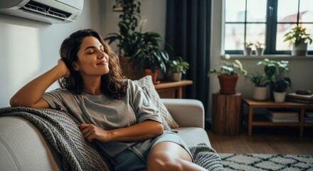 Fototapeta premium Young Woman Relaxing on Sofa Enjoying Cool Air from Air Conditioner.