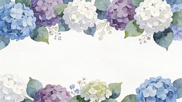 Watercolor hydrangea horizontal floral border on white, elegant copy space in the center