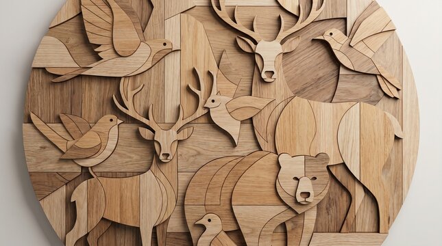 Wooden inlay artwork featuring forest animals and birds