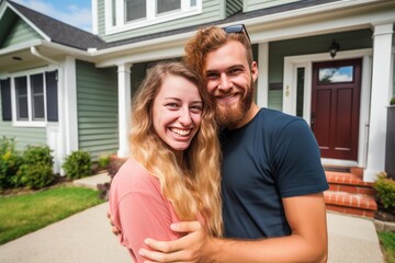 Fototapeta premium Young couple embracing and smiling while standing in front of their new house
