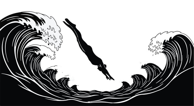 Swimmer diving into massive ocean waves creates a powerful metaphor for facing extreme challenges with bravery and bold determination in a high-stakes environment where one must overcome the odds.
