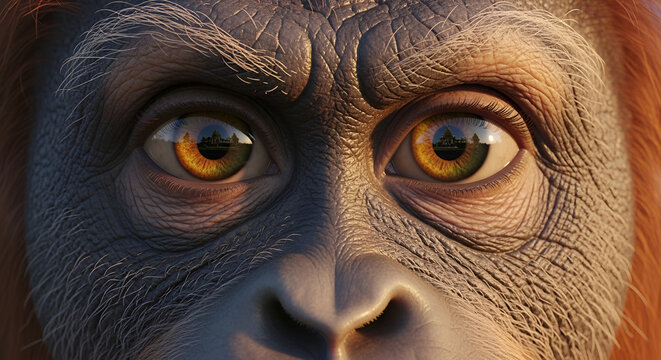 Extreme close up of monkey eyes with temple landscape reflection
