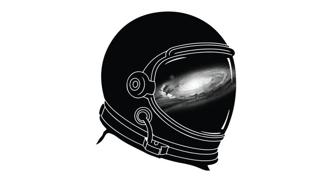 Astronaut helmet featuring a detailed galaxy reflection in the visor captures the wonder of space exploration and the vastness of the universe in a clean black and white artistic illustration.