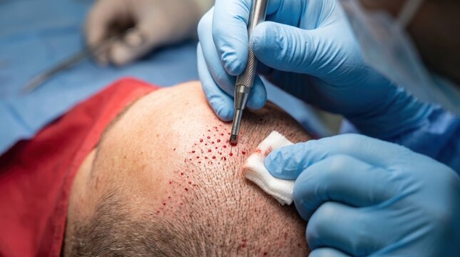Hair Transplant Procedure: Detailed view of a hair transplant procedure in progress, with gloved hands of medical professionals meticulously working on a patient's scalp.