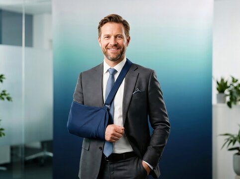 Successful Executive in Suit and Tie Wearing Medical Arm Sling - Rehabilitation and Career Resilience.