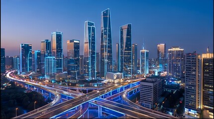 Obraz premium Urban Skyline at Dusk: Modern Skyscrapers and Illuminated Highways
