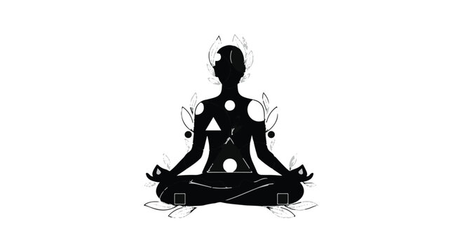 Person meditating in a lotus pose represents a harmonious balance of body and mind, utilizing abstract geometric shapes and floral elements to illustrate wellness, mindfulness, and inner peace.