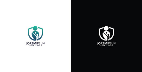 Elegant Music Shield Logo Featuring a Stylized Musician Playing a String Instrument within a Protective Emblem, Representing Artistic Talent and Creative Security © micky_adb