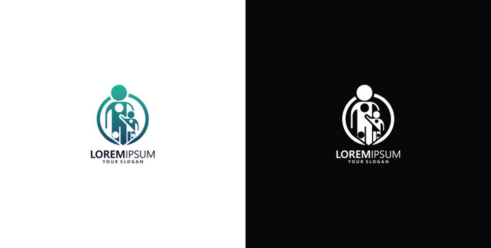 Modern abstract family logo design symbolizing parental care and child support, representing community, love, and protection within a nurturing environment graphic concept