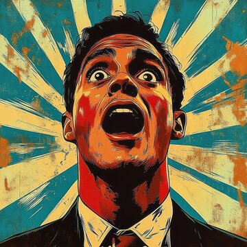 Stylized retro poster portrait of a suited figure with sunburst rays, bold colors and distressed texture conveying confident assertive energy