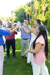 Diverse family and friends raising stemmed glasses, bride in white gown and veil standing on lawn © wavebreak3