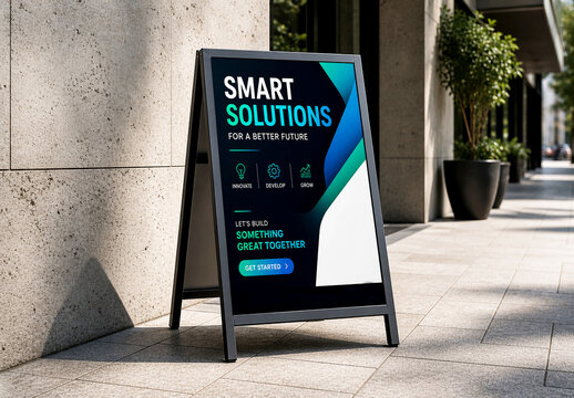 A Frame Signboard Mockup on Urban Sidewalk with Street View