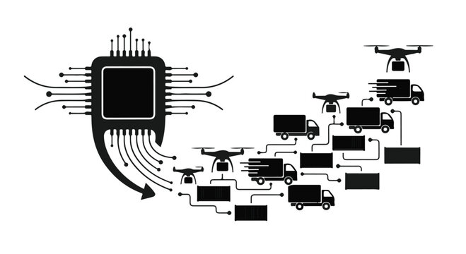 Microchip processor icon connected to a distribution network of autonomous delivery drones and cargo trucks shows the future of automated logistics and efficient global supply chain management.