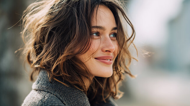 Candid documentary style portrait of woman smiling subtly, soft focus background