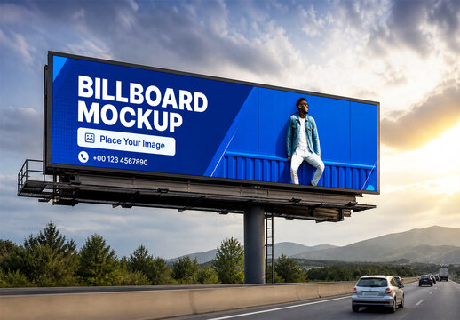 Highway billboard advertising mockup with modern blue branding design