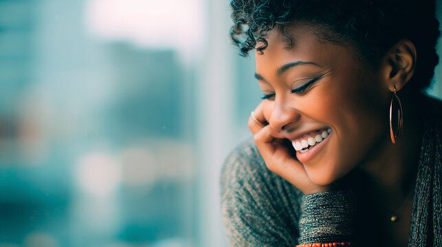 Spontaneous candid close up of woman laughing softly, blurred office background