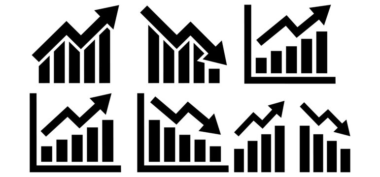 Business graph icon set showing financial growth and decline trends