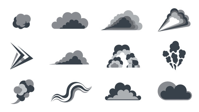Various grey smoke effects and dust cloud icons set for design elements.