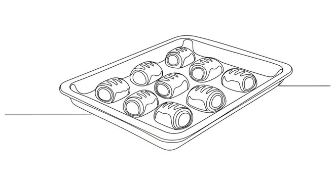 Line Art Illustration of Sausage Rolls in Baking Tray