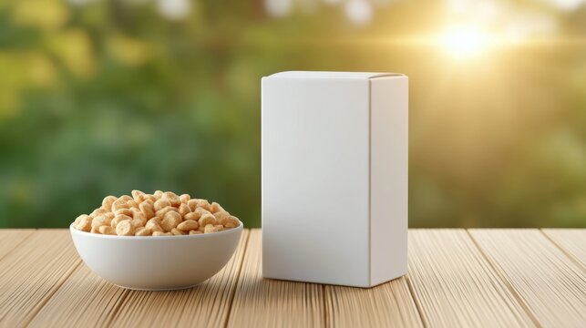 White blank cereal box packaging standing on wooden table next to bowl filled with breakfast grain in soft morning sunlight with natural green background