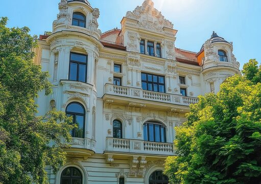 ornate historic white mansion with rounded turrets, arched windows and decorative balconies framed by lush green trees under a bright blue sky, evoking elegance and grandeur