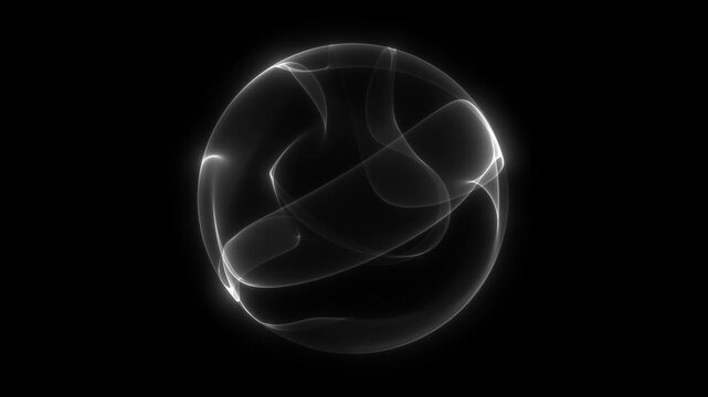 Abstract black and white orb. Black isolated background. Wavy opaque sphere. Luminous curved sphere. 4K 60fps VJ loop. Brightly shining grey orb.