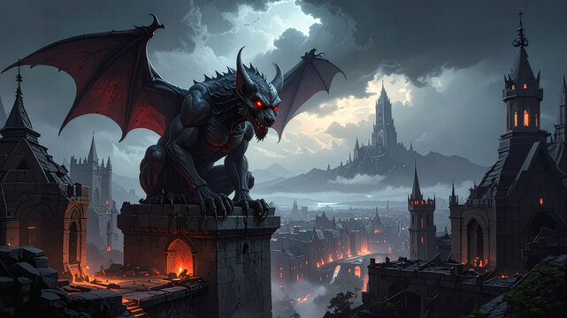 Eerie gargoyle statue overlooking a destroyed city under dark clouds for epic dark fantasy and horror concept materials