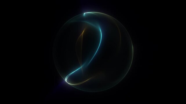 Teal yellow glass petals floating in dark space. Abstract futuristic light shapes with transparent curves. Minimal digital 4K seamless loop.