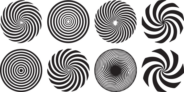 A diverse collection of hypnotic spiral and concentric circle patterns, creating captivating optical illusions and abstract visual effects