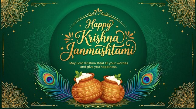 Krishna Janmashtami Greeting Card with Golden Floral Corners, Clay Pots, Peacock Feathers, and Spiritual Blessing on Green Background"