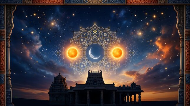 Mithuna Sankranti Celebration with Celestial Mandala and Temple Silhouette
