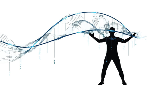 Humanoid silhouette reaches toward a dynamic swirling digital wave composed of light particles and data lines to symbolize human connection with advanced technology and artificial intelligence.