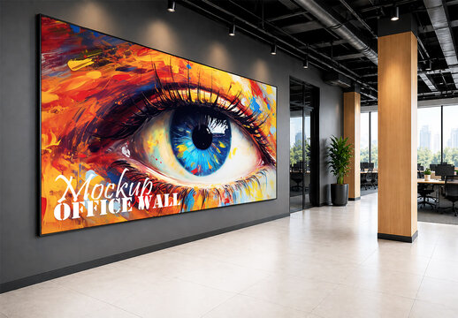 Modern office wall mockup with large colorful eye artwork