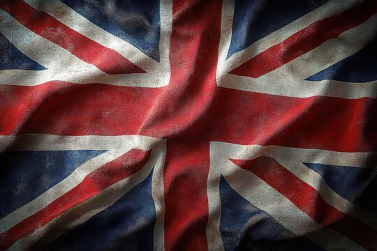 worn and creased british flag draped with dramatic lighting, textured cloth evoking nostalgia and resilience