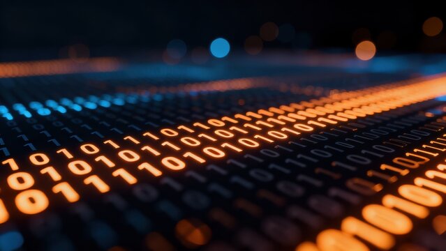 Binary code numbers glowing in digital pattern