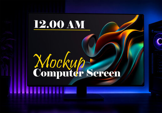 Neon computer screen mockup with abstract digital wallpaper