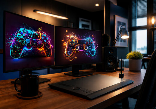 Neon gaming controller artwork on dual monitor creative workspace
