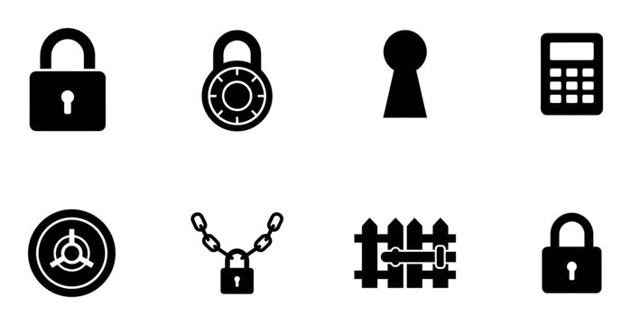 8 Security silhouette icons padlock keyhole safe chain fence, solid black style, privacy protection set